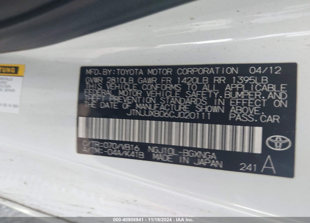 2012 SCION IQ VIN: JTNJJXB06CJ020111