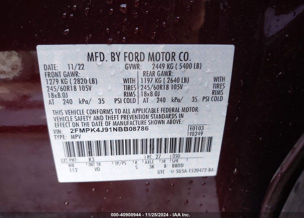 2022 FORD EDGE SEL VIN: 2FMPK4J91NBB08786