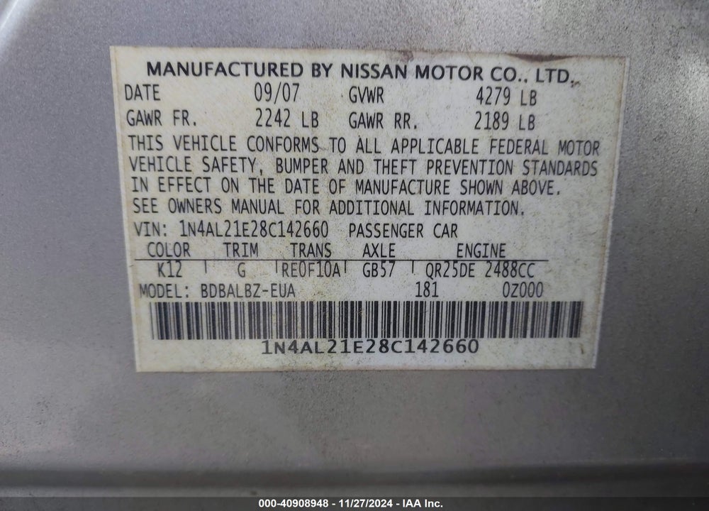 2008 NISSAN ALTIMA 2.5 S VIN: 1N4AL21E28C142660