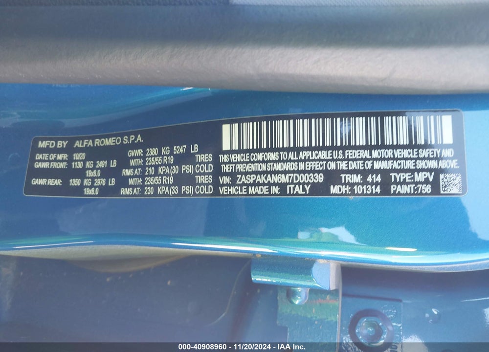 2021 ALFA ROMEO STELVIO AWD VIN: ZASPAKAN6M7D00339