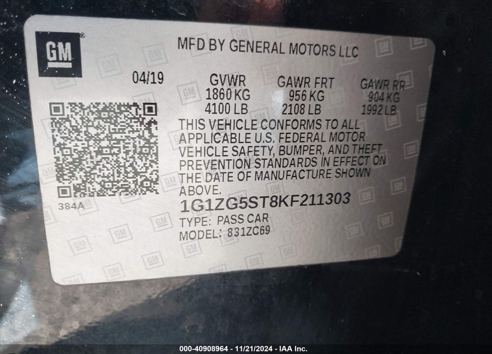 2019 CHEVROLET MALIBU RS VIN: 1G1ZG5ST8KF211303