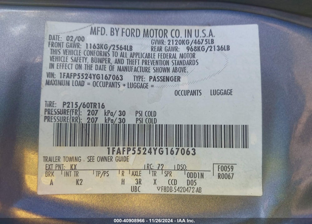 2000 FORD TAURUS SES VIN: 1FAFP5524YG167063