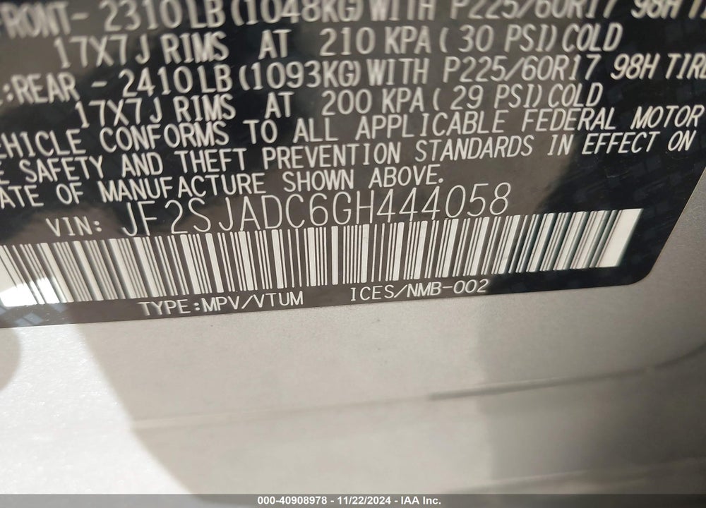 2016 SUBARU FORESTER 2.5I PREMIUM VIN: JF2SJADC6GH444058