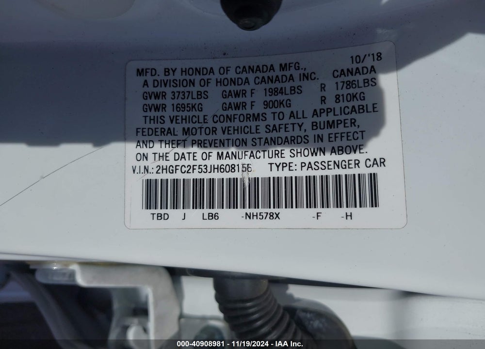 2018 HONDA CIVIC LX VIN: 2HGFC2F53JH608156