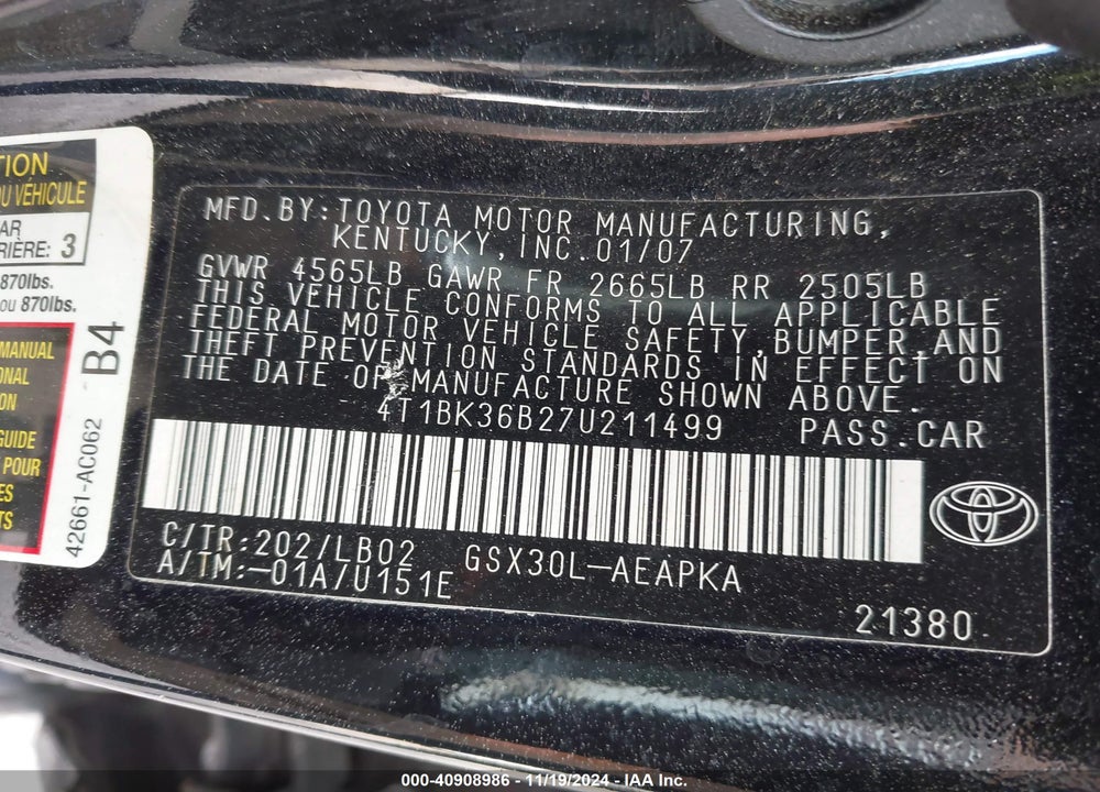 2007 TOYOTA AVALON LIMITED VIN: 4T1BK36B27U211499
