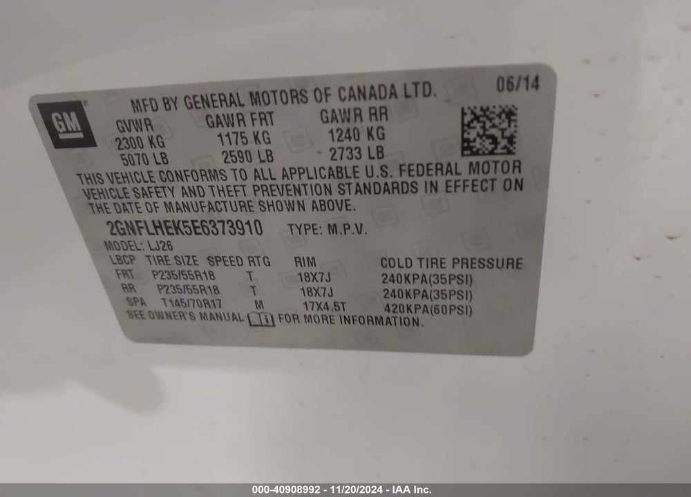 2014 CHEVROLET EQUINOX LTZ VIN: 2GNFLHEK5E6373910