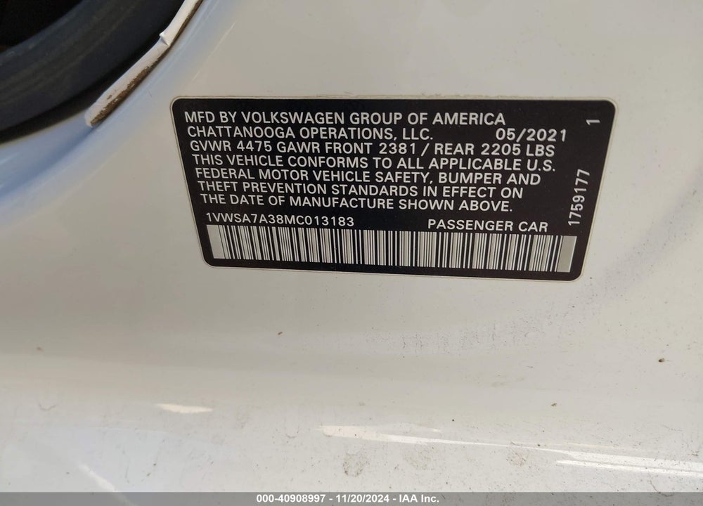 2021 VOLKSWAGEN PASSAT VIN: 1VWSA7A38MC013183