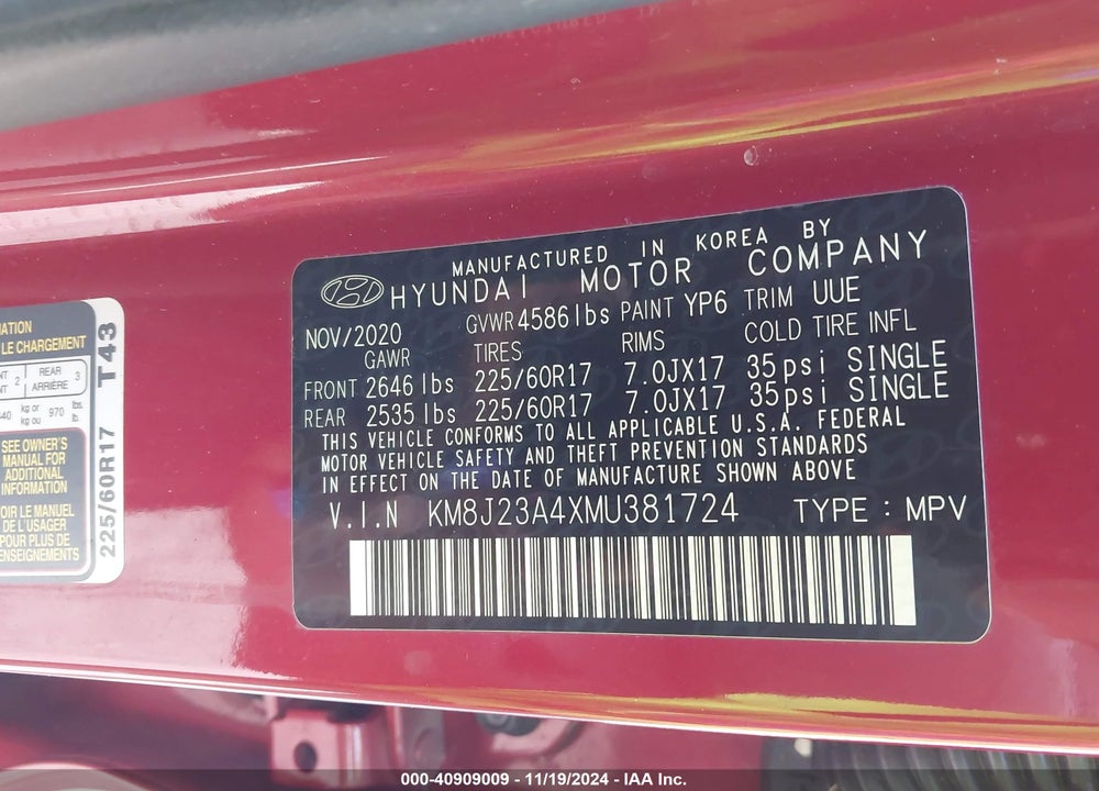2021 HYUNDAI TUCSON SE VIN: KM8J23A4XMU381724