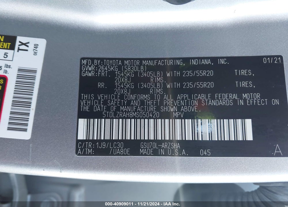 2021 TOYOTA HIGHLANDER XSE VIN: 5TDLZRAH8MS050420