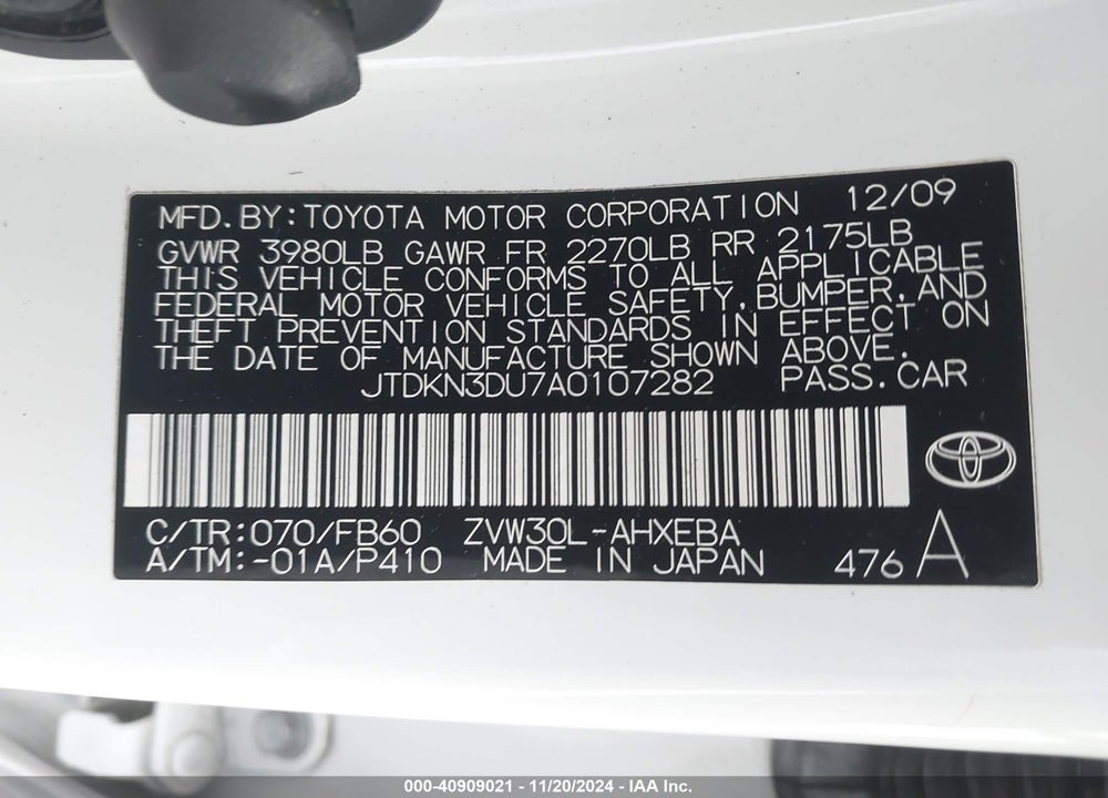 2010 TOYOTA PRIUS III VIN: JTDKN3DU7A0107282