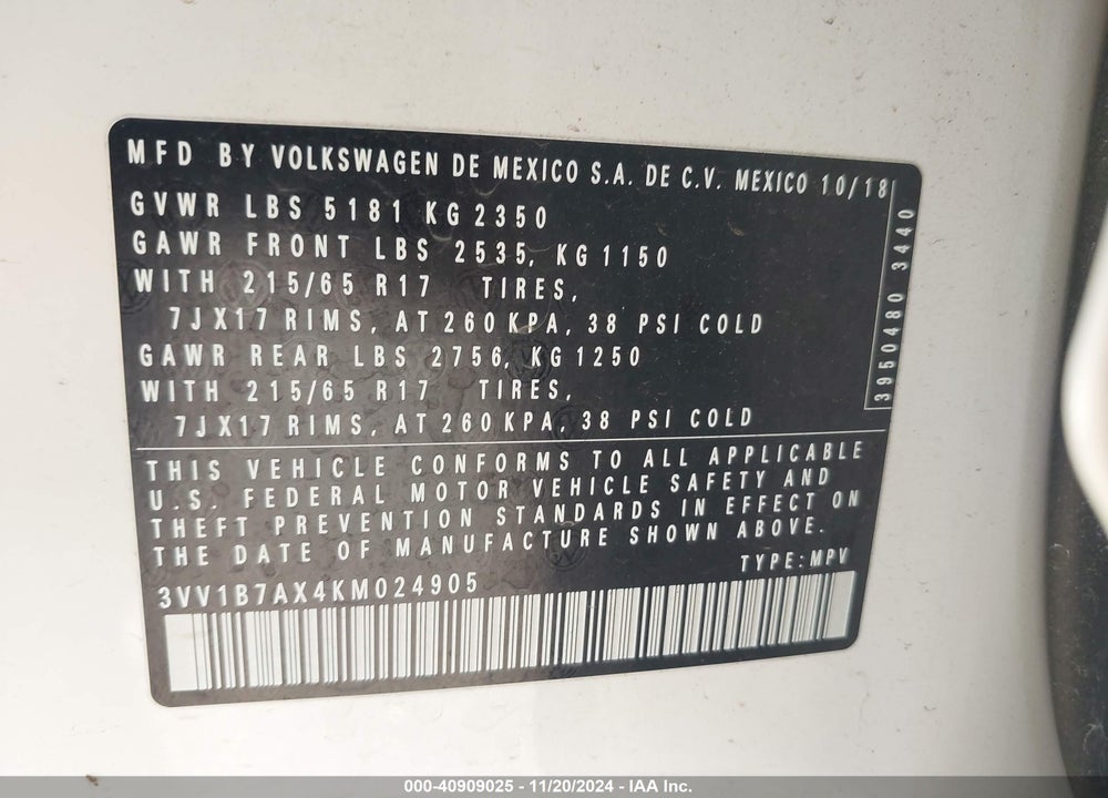 2019 VOLKSWAGEN TIGUAN 2.0T S VIN: 3VV1B7AX4KM024905