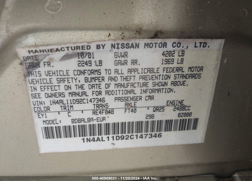 2002 NISSAN ALTIMA 2.5 S VIN: 1N4AL11D92C147346