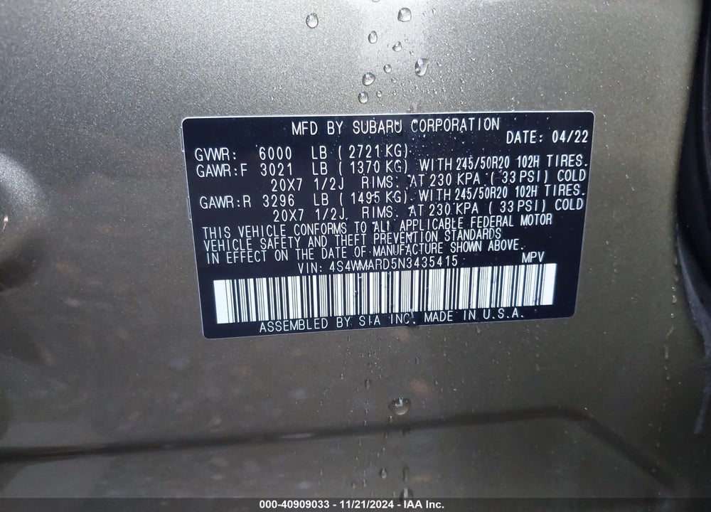 2022 SUBARU ASCENT TOURING VIN: 4S4WMARD5N3435415