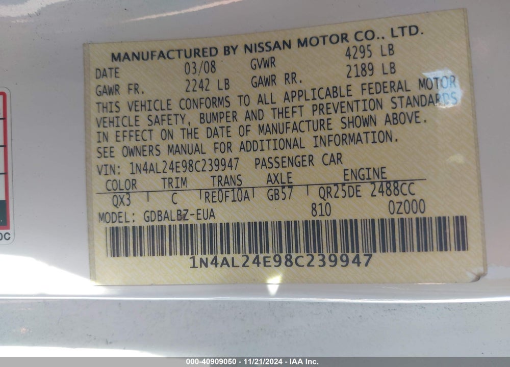 2008 NISSAN ALTIMA 2.5 S VIN: 1N4AL24E98C239947