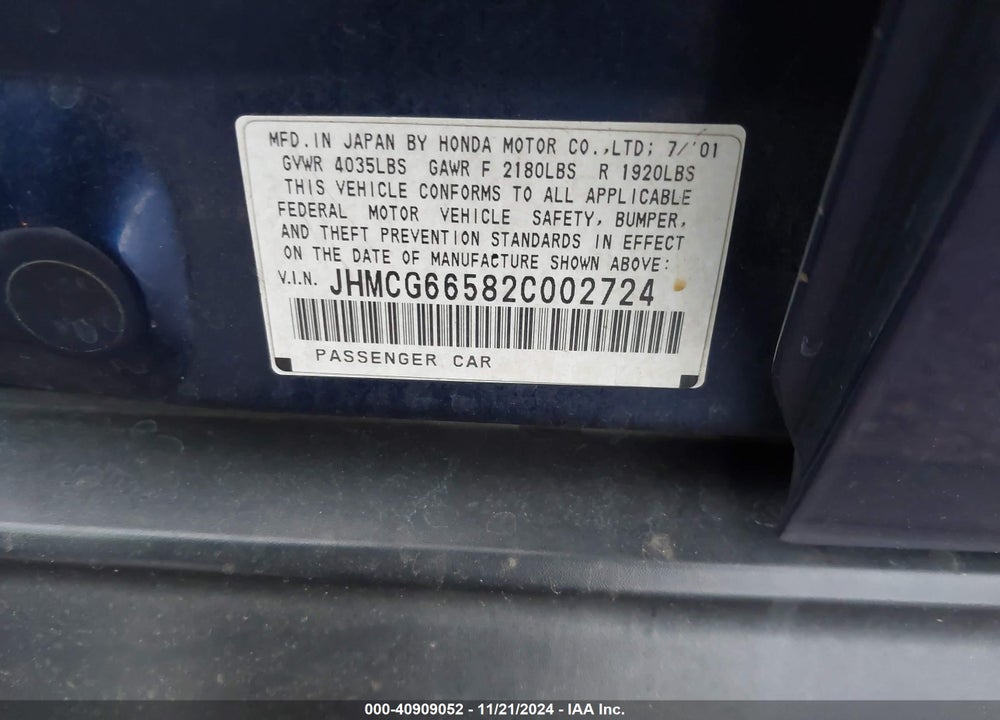2002 HONDA ACCORD 2.3 LX VIN: JHMCG66582C002724