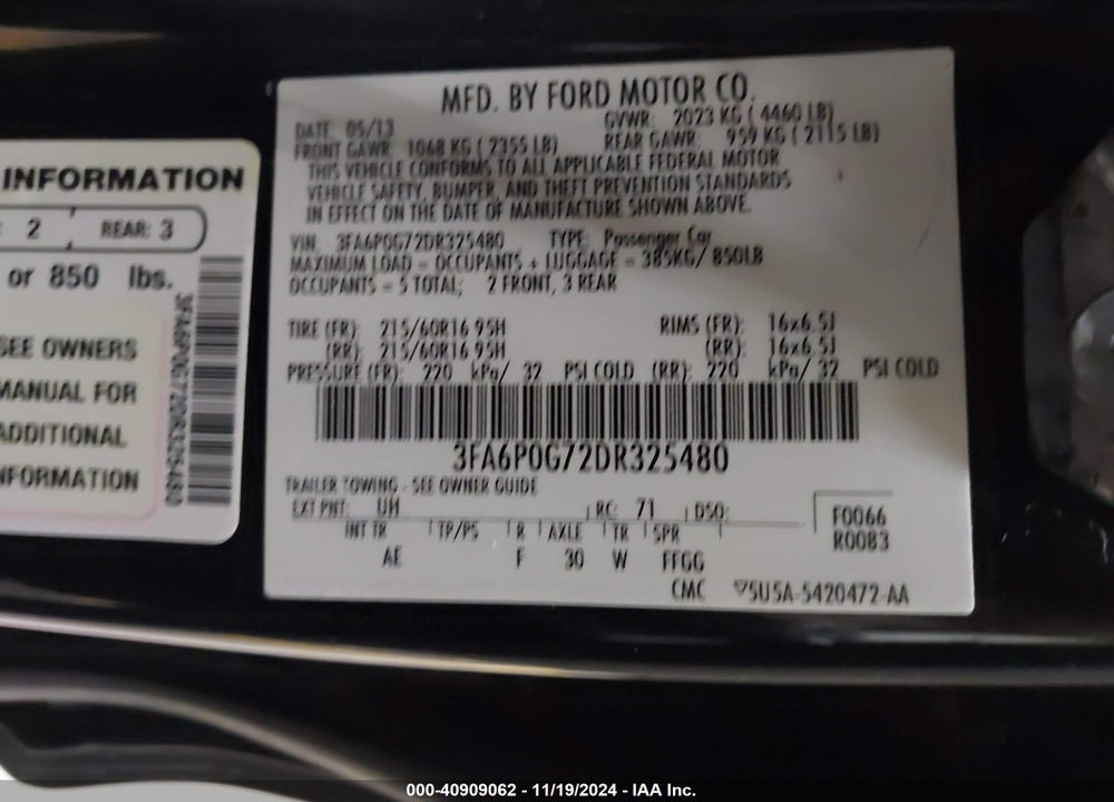 2013 FORD FUSION VIN: 3FA6P0G72DR325480