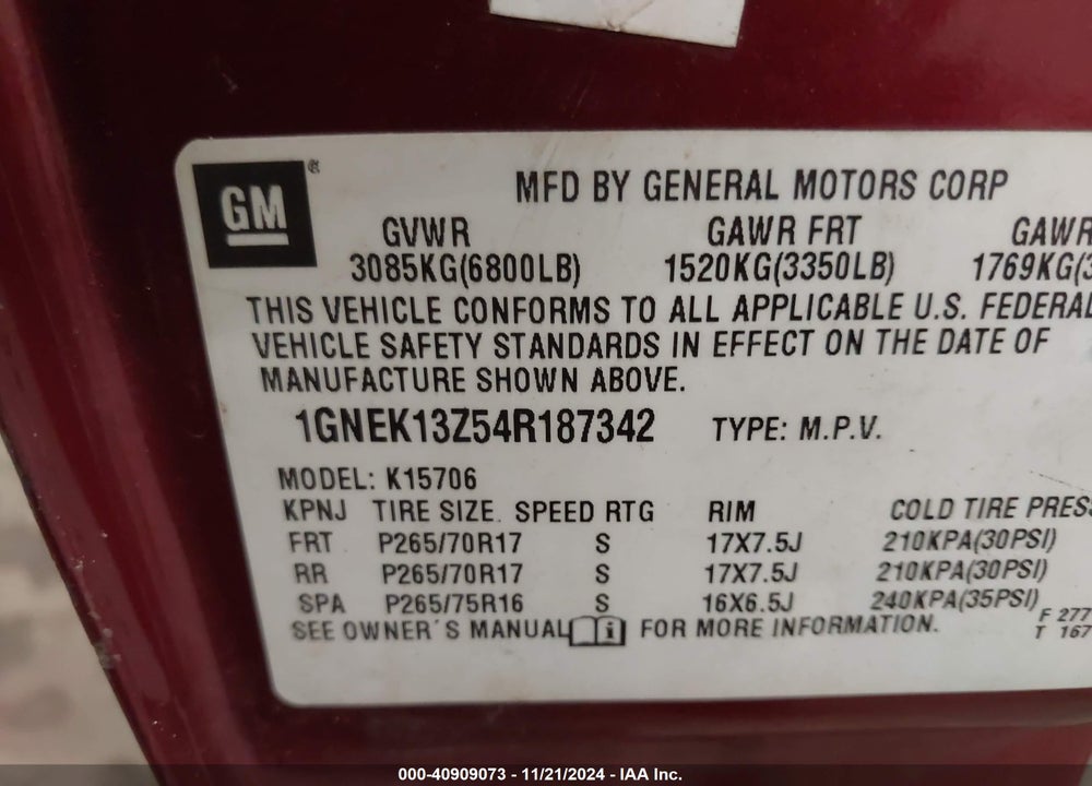 2004 CHEVROLET TAHOE Z71 VIN: 1GNEK13Z54R187342