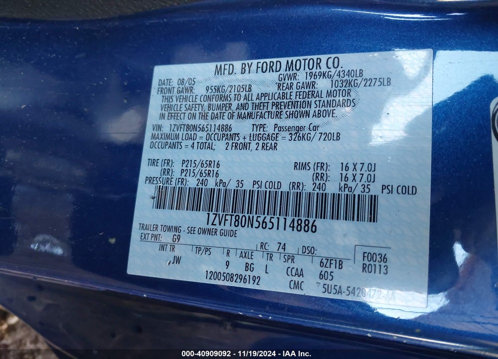 2006 FORD MUSTANG V6 VIN: 1ZVFT80N565114886