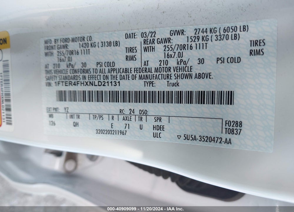2022 FORD RANGER VIN: 1FTER4FHXNLD21131