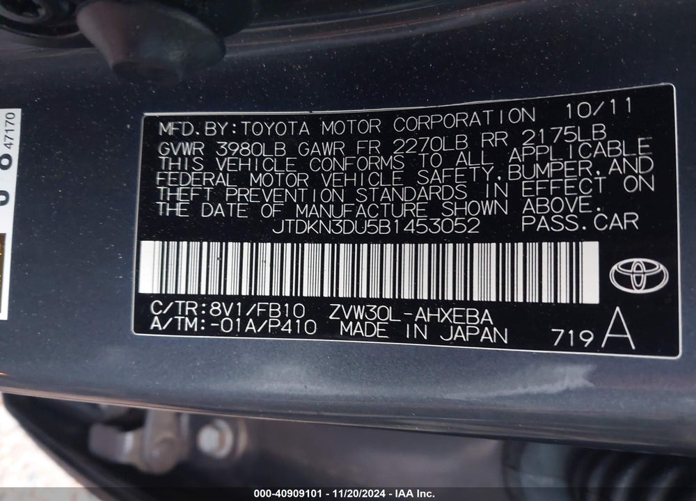 2011 TOYOTA PRIUS TWO VIN: JTDKN3DU5B1453052