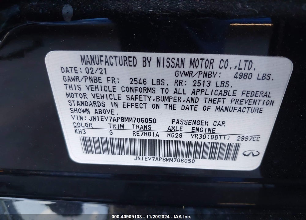 2021 INFINITI Q50 PURE VIN: JN1EV7AP8MM706050