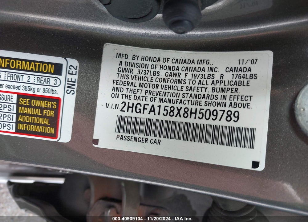 2008 HONDA CIVIC EX VIN: 2HGFA158X8H509789