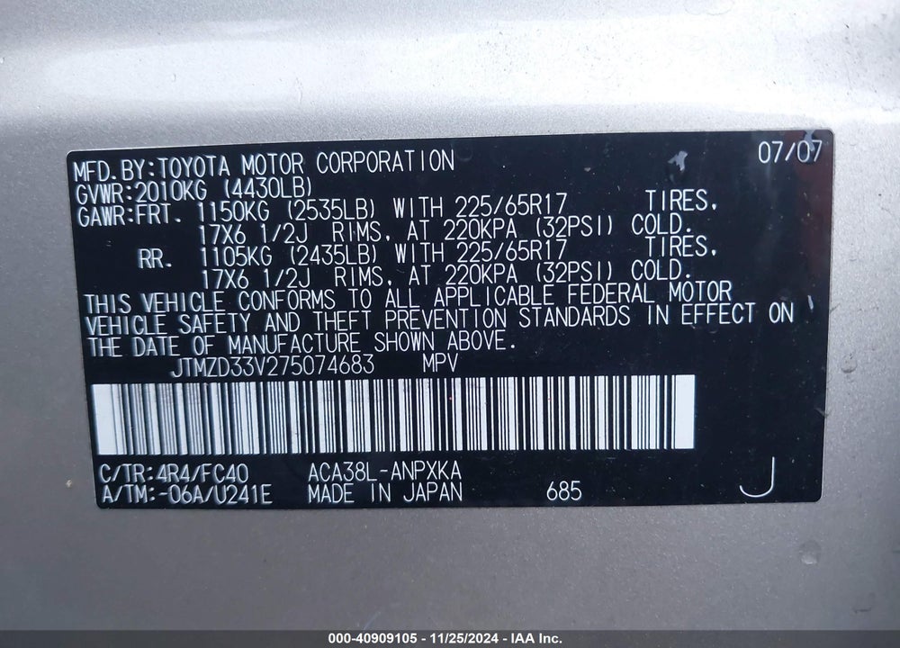 2007 TOYOTA RAV4 VIN: JTMZD33V275074683