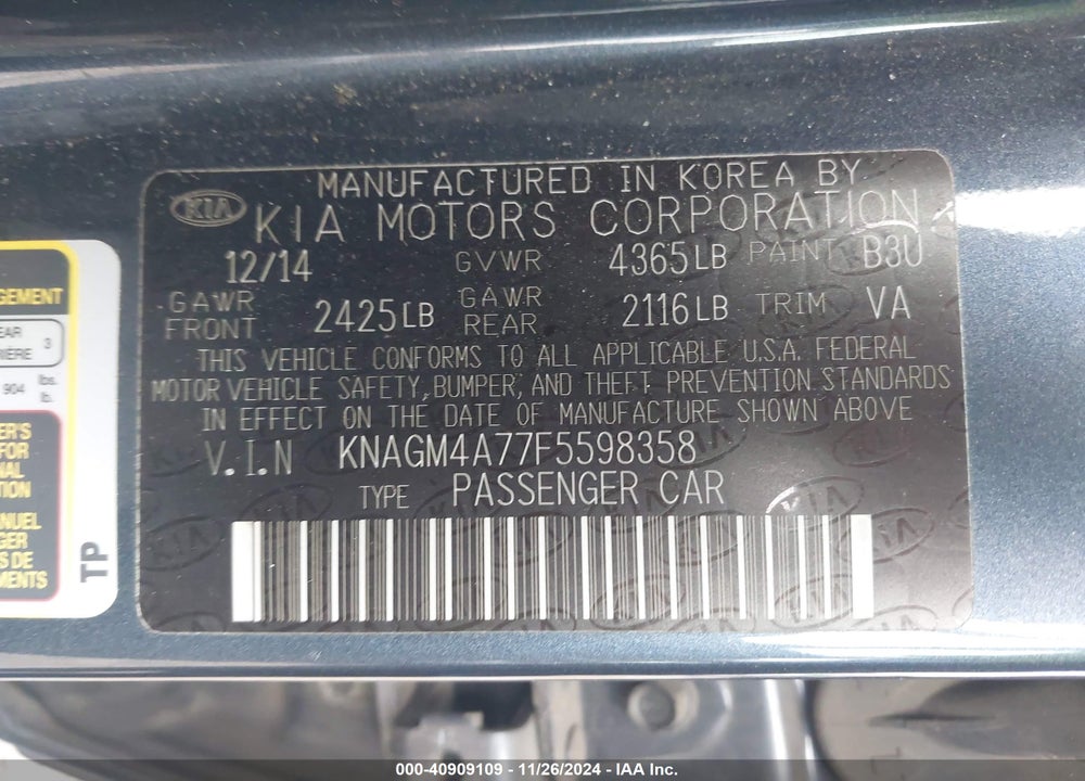 2015 KIA OPTIMA LX VIN: KNAGM4A77F5598358
