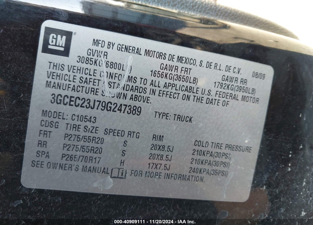 2009 CHEVROLET SILVERADO 1500 LT VIN: 3GCEC23J79G247389