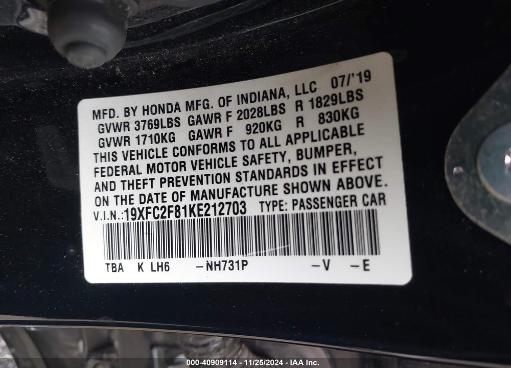 2019 HONDA CIVIC VIN: 19XFC2F81KE212703