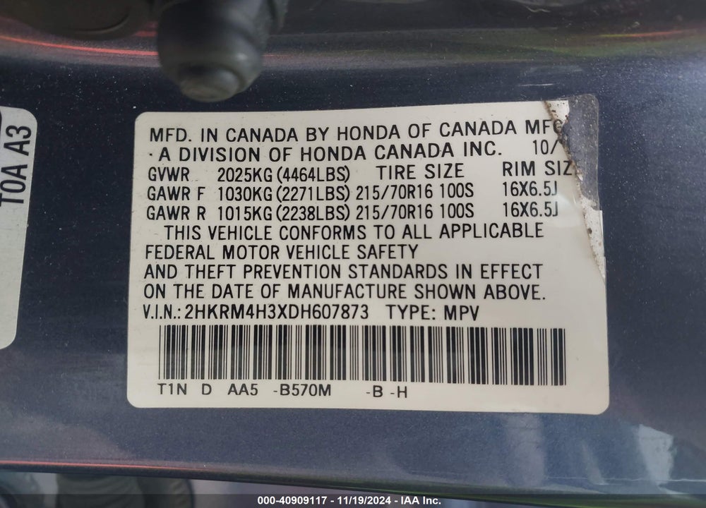 2013 HONDA CR-V LX VIN: 2HKRM4H3XDH607873