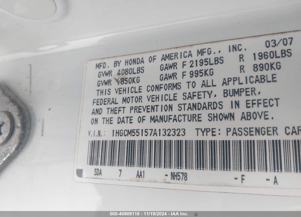 2007 HONDA ACCORD 2.4 VP VIN: 1HGCM55157A132323