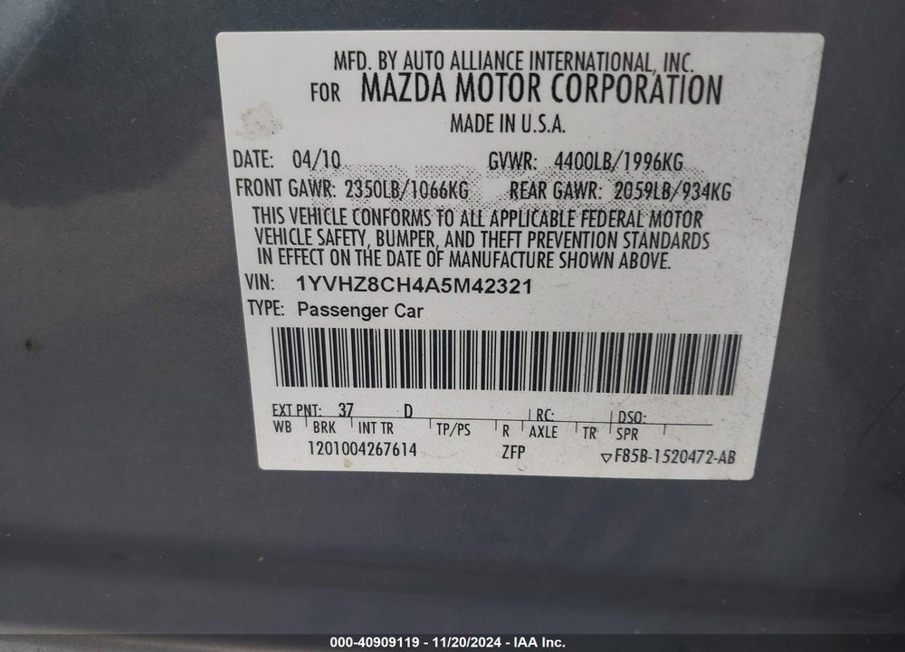 2010 MAZDA 6 I TOURING VIN: 1YVHZ8CH4A5M42321