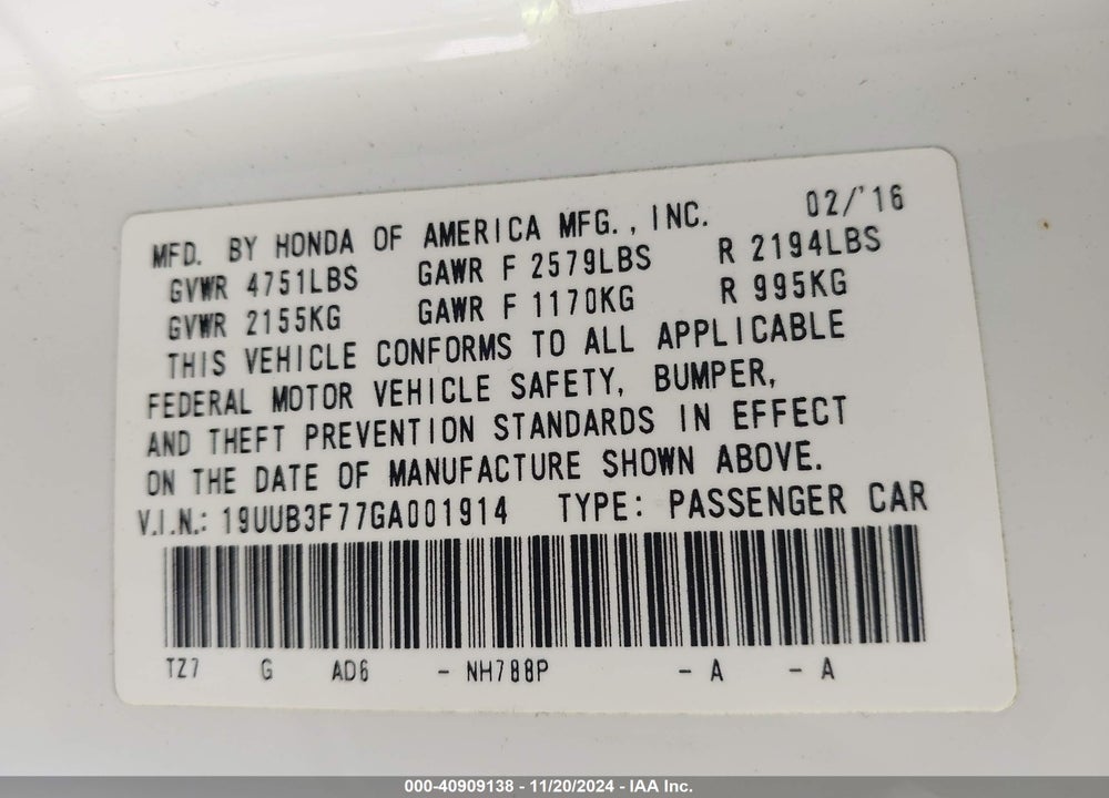2016 ACURA TLX VIN: 19UUB3F77GA001914