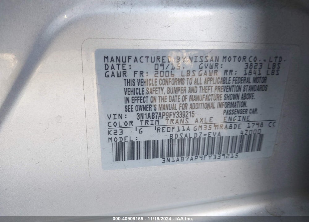 2015 NISSAN SENTRA SV VIN: 3N1AB7AP9FY339215