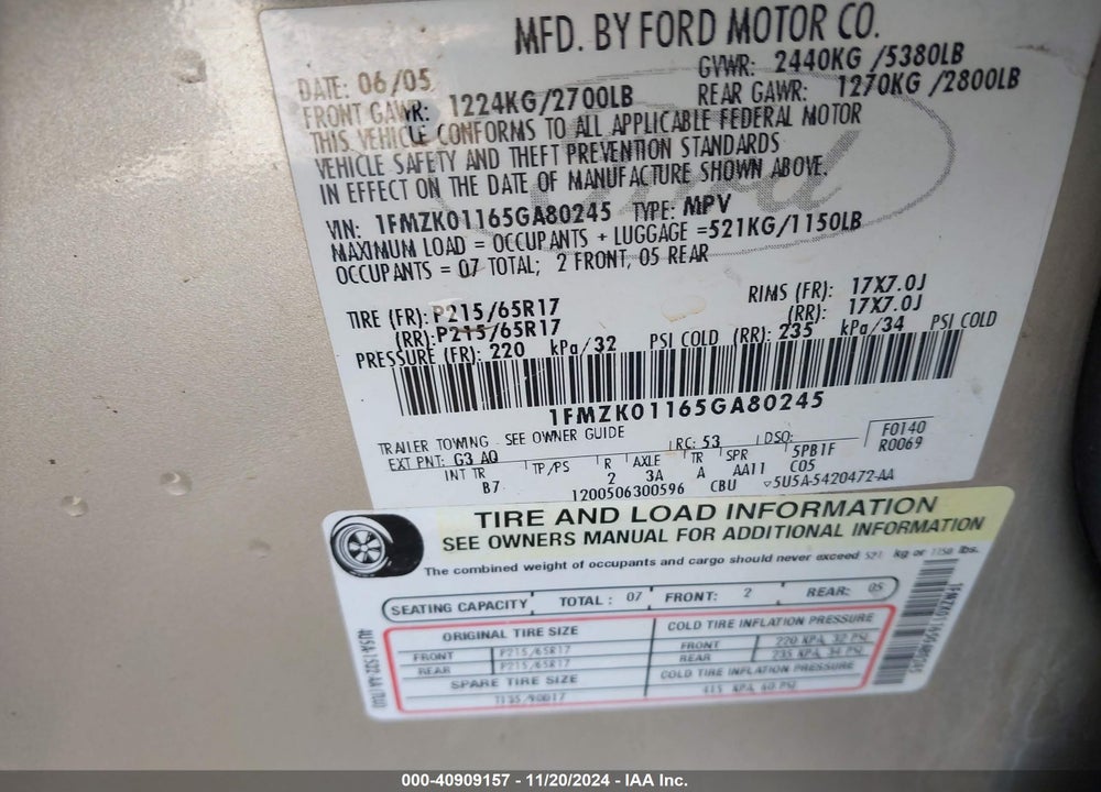 2005 FORD FREESTYLE SE VIN: 1FMZK01165GA80245