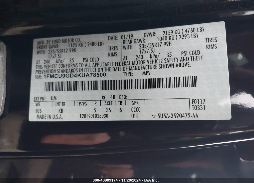2019 FORD ESCAPE SE VIN: 1FMCU9GD4KUA78500