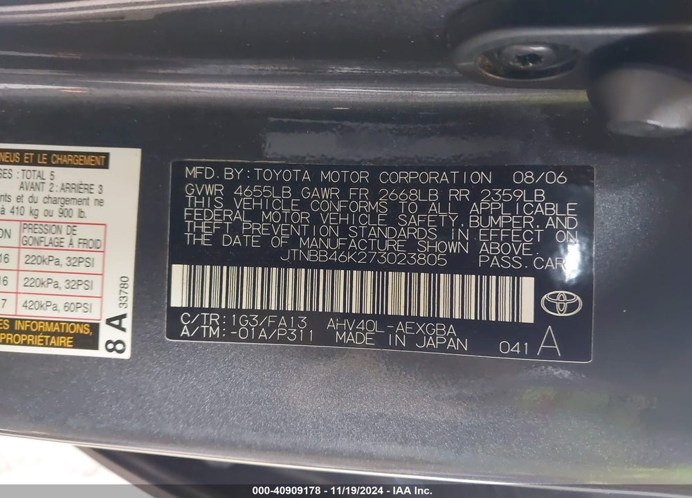 2007 TOYOTA CAMRY HYBRID VIN: JTNBB46K273023805