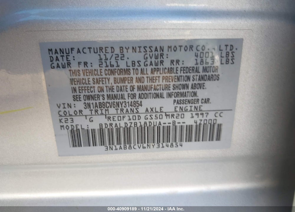 2022 NISSAN SENTRA SV XTRONIC CVT VIN: 3N1AB8CV6NY314854