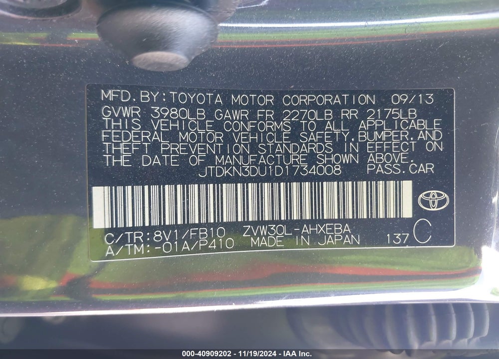 2013 TOYOTA PRIUS THREE VIN: JTDKN3DU1D1734008
