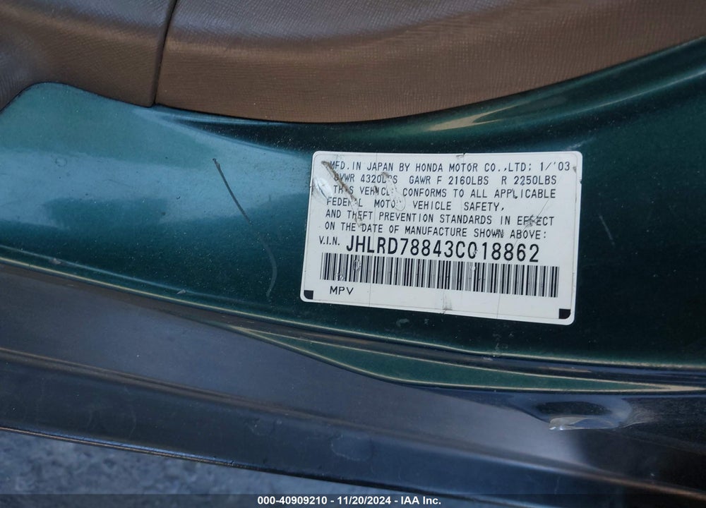 2003 HONDA CR-V EX VIN: JHLRD78843C018862