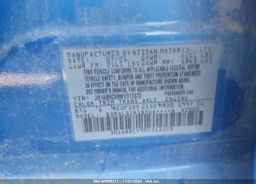 2021 NISSAN SENTRA VIN: 3N1AB8CV9MY313373