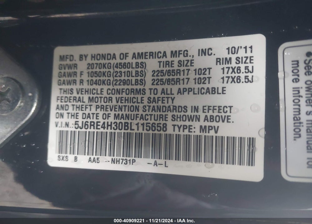 2011 HONDA CR-V LX VIN: 5J6RE4H30BL115658