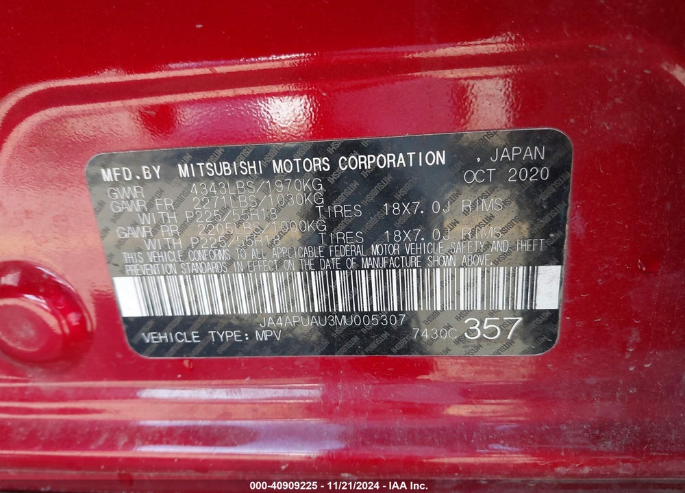 2021 MITSUBISHI OUTLANDER SPORT 2.0 BE 2WD/2.0 ES 2WD/2.0 LE 2WD/2.0 S 2WD VIN: JA4APUAU3MU005307