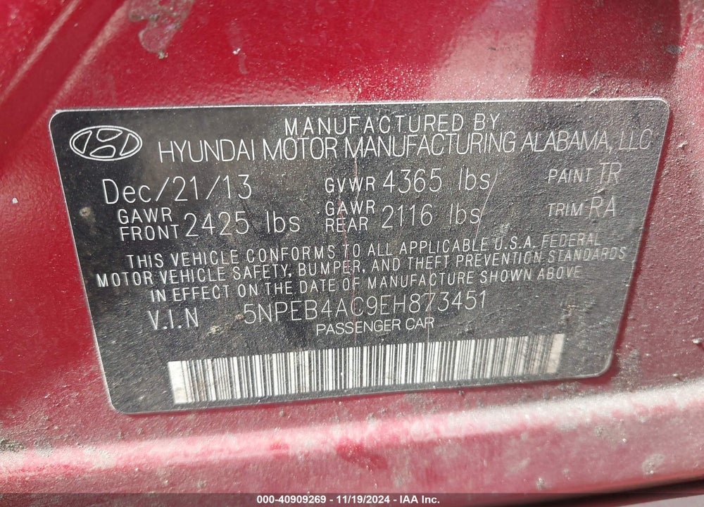 2014 HYUNDAI SONATA GLS VIN: 5NPEB4AC9EH873451