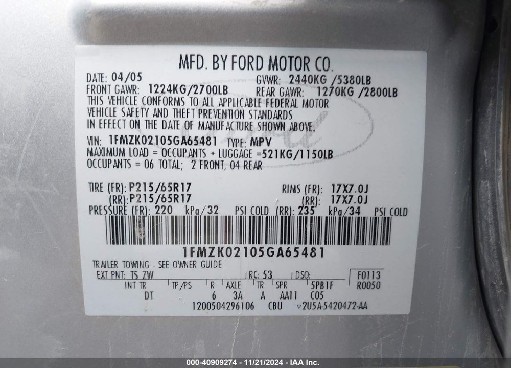 2005 FORD FREESTYLE SEL VIN: 1FMZK02105GA65481