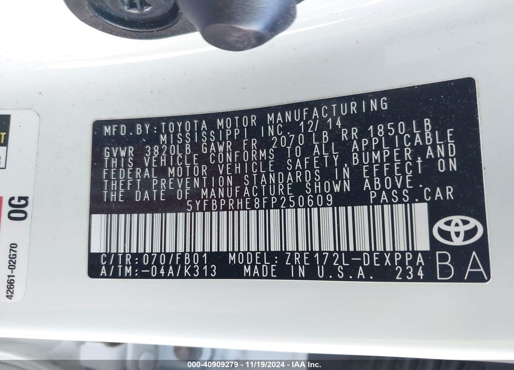 2015 TOYOTA COROLLA ECO/ECO PLUS/ECO PREMIUM VIN: 5YFBPRHE8FP250609