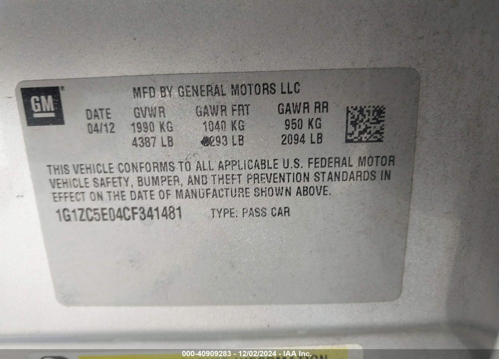 2012 CHEVROLET MALIBU 1LT VIN: 1G1ZC5E04CF341481