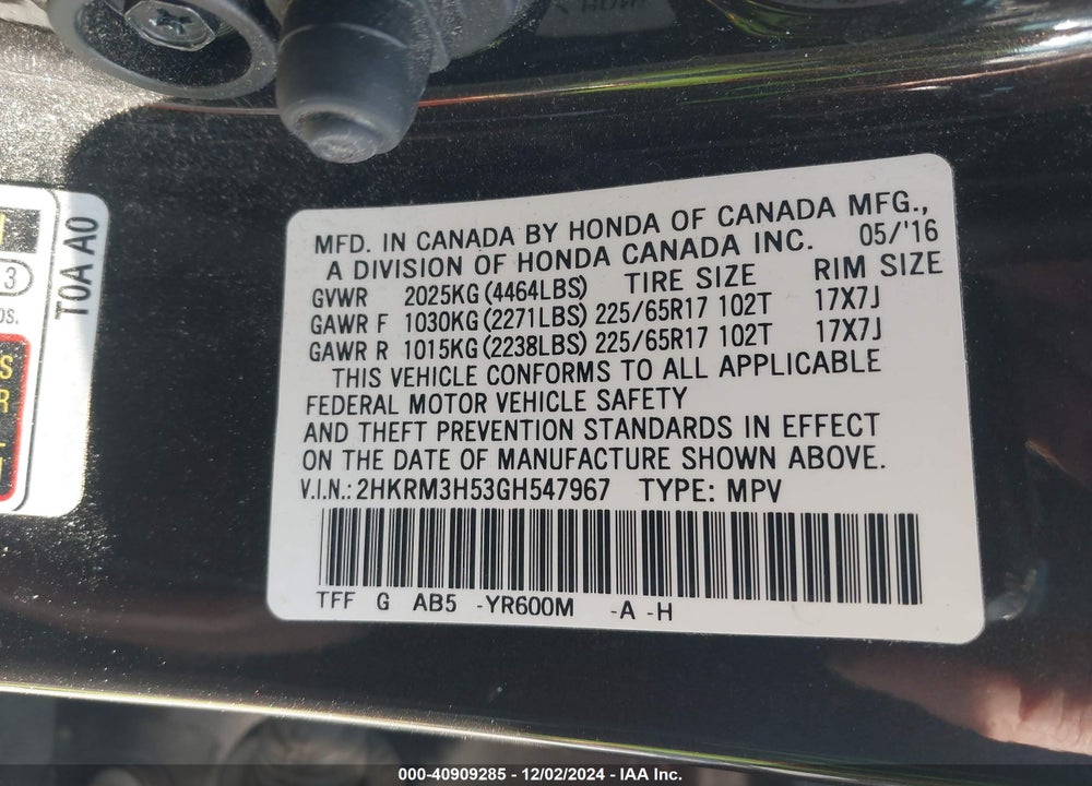 2016 HONDA CR-V EX VIN: 2HKRM3H53GH547967