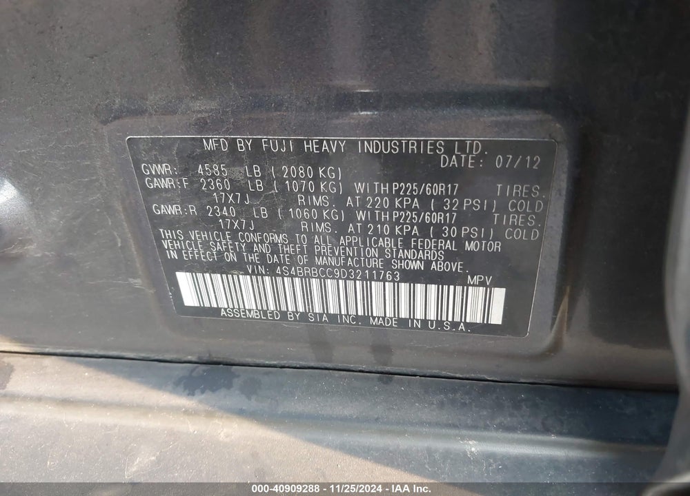 2013 SUBARU OUTBACK 2.5I PREMIUM VIN: 4S4BRBCC9D3211763
